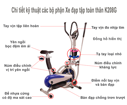 Xe đạp tập thể dục có yên K208G kèm tạ